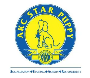 A blue and yellow logo for akc star puppy.